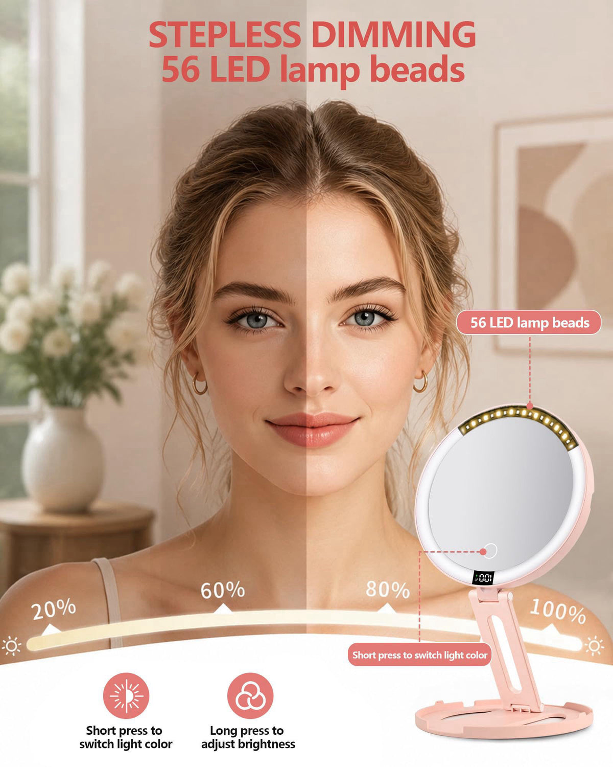 ATUSGOY Foldable Travel Makeup Mirror with Lights 20X/1X Magnifying Mirror – full view