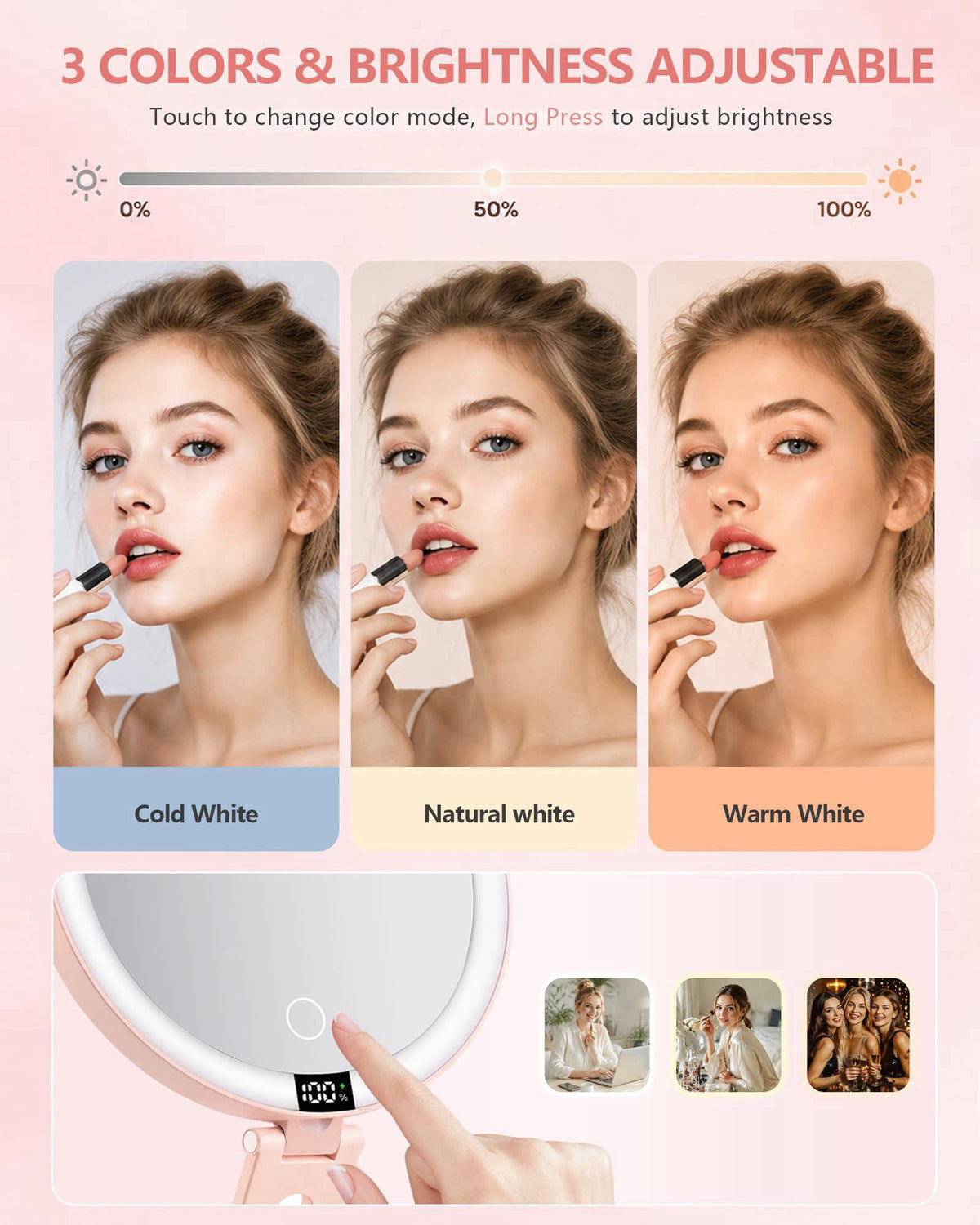 ATUSGOY Foldable Travel Makeup Mirror with Lights 20X/1X Magnifying Mirror – back view and specifications
