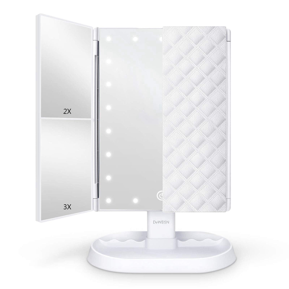 deweisn Trifold Lighted Vanity Makeup Mirror with 21 LEDs Lights,1x/2x/3x Magnification and Touch Screen Dimming,Two Pow