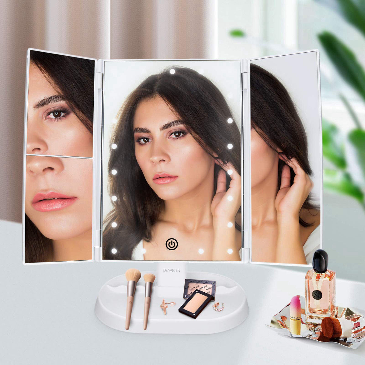 deweisn Trifold Lighted Vanity Makeup Mirror with 21 LEDs Lights,1x/2x/3x Magnification and Touch Screen Dimming,Two Pow