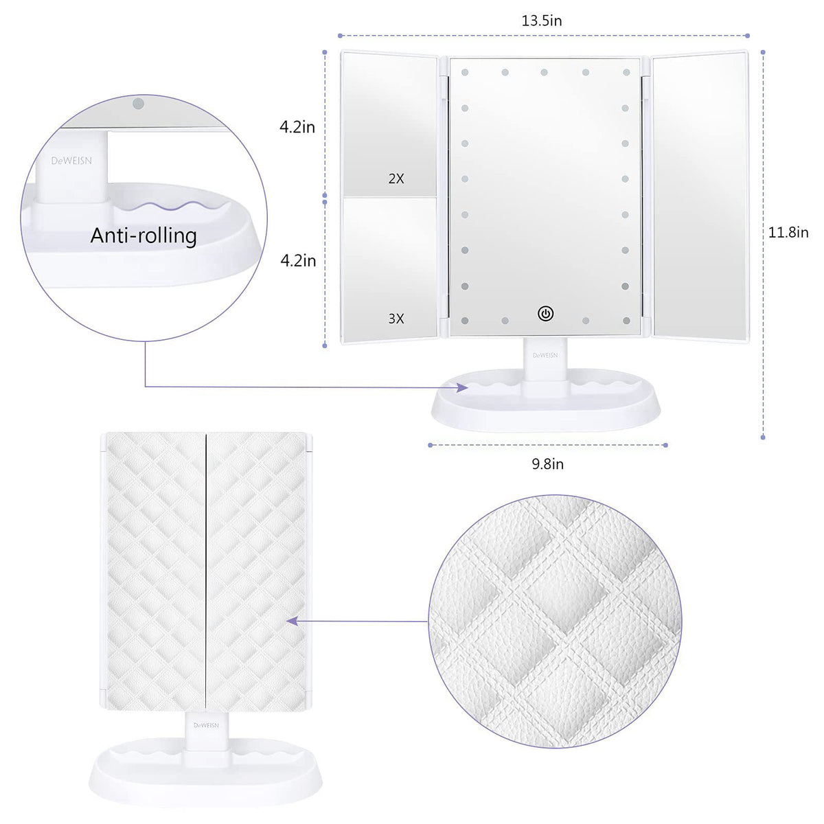 deweisn Trifold Lighted Vanity Makeup Mirror with 21 LEDs Lights,1x/2x/3x Magnification and Touch Screen Dimming,Two Pow