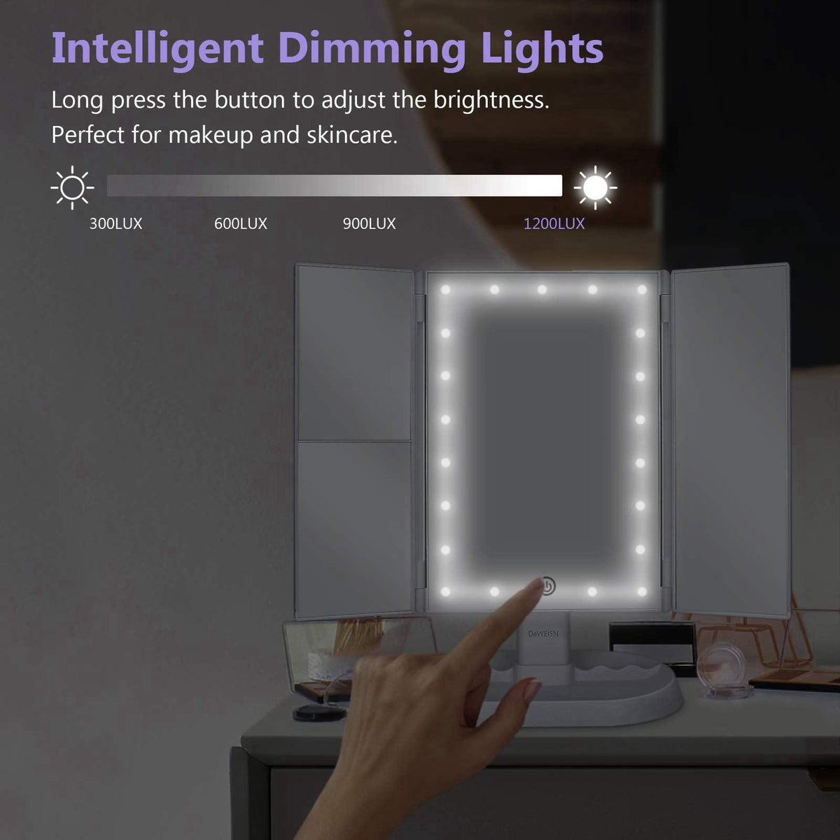 deweisn Trifold Lighted Vanity Makeup Mirror with 21 LEDs Lights,1x/2x/3x Magnification and Touch Screen Dimming,Two Pow