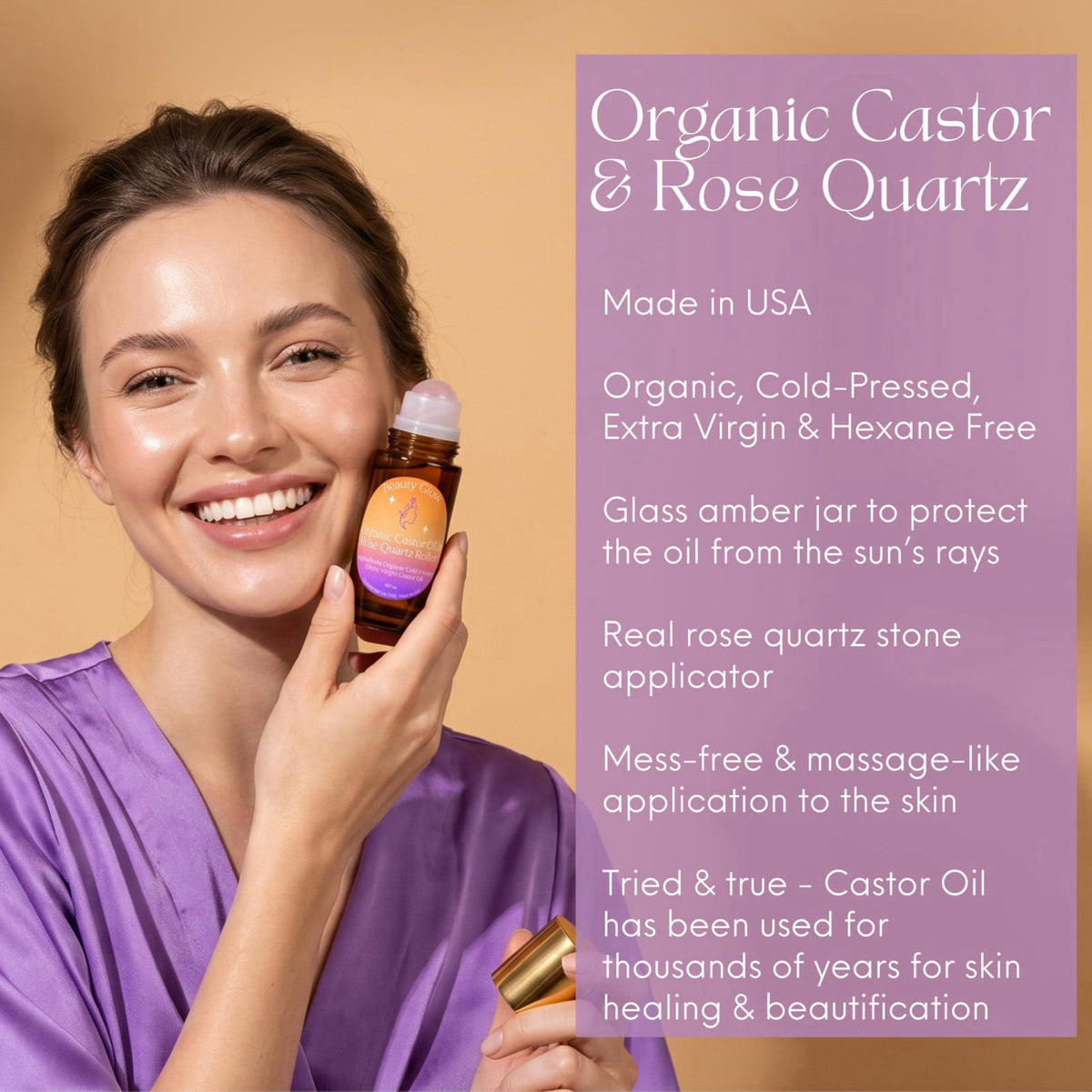 Beauty Glow Organic Cold Pressed Castor Oil with Rose Quartz Roll On for Face & Body Made in USA Hexane Free Pure for Sk