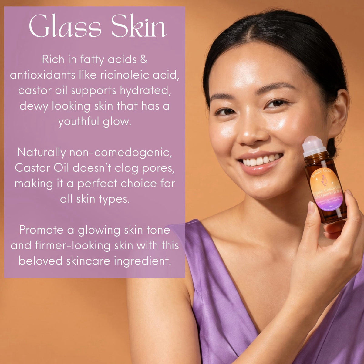 Beauty Glow Organic Cold Pressed Castor Oil with Rose Quartz Roll On for Face & Body Made in USA Hexane Free Pure for Sk