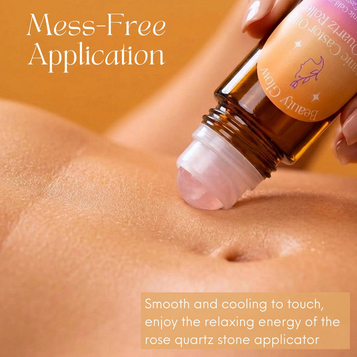 Beauty Glow Organic Cold Pressed Castor Oil with Rose Quartz Roll On for Face & Body Made in USA Hexane Free Pure for Sk