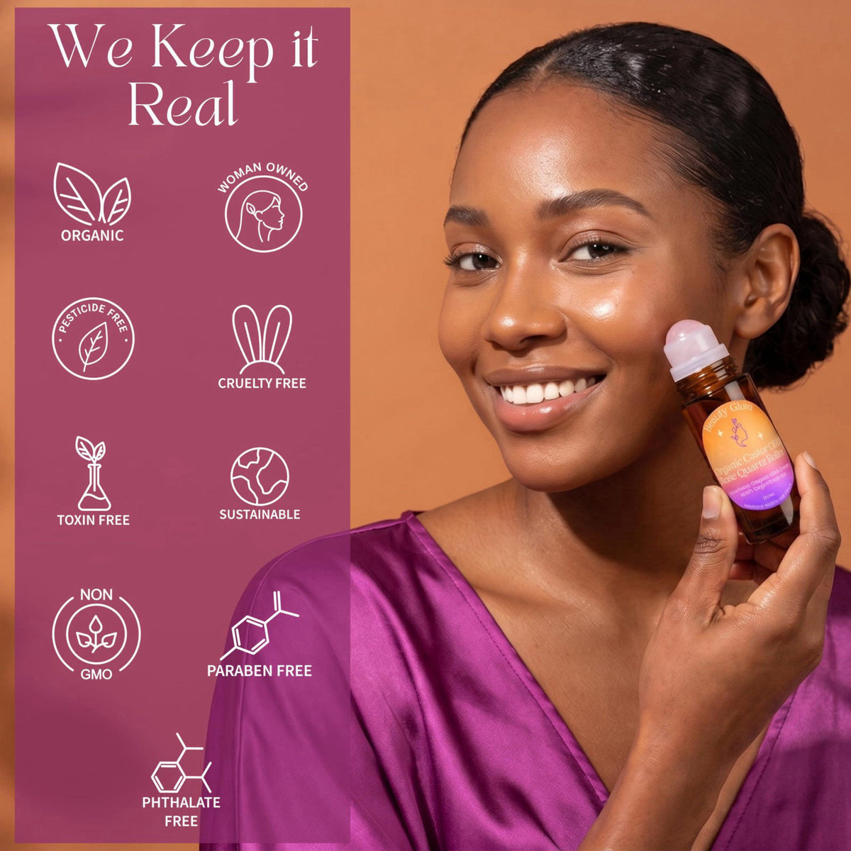 Beauty Glow Organic Cold Pressed Castor Oil with Rose Quartz Roll On for Face & Body Made in USA Hexane Free Pure for Sk