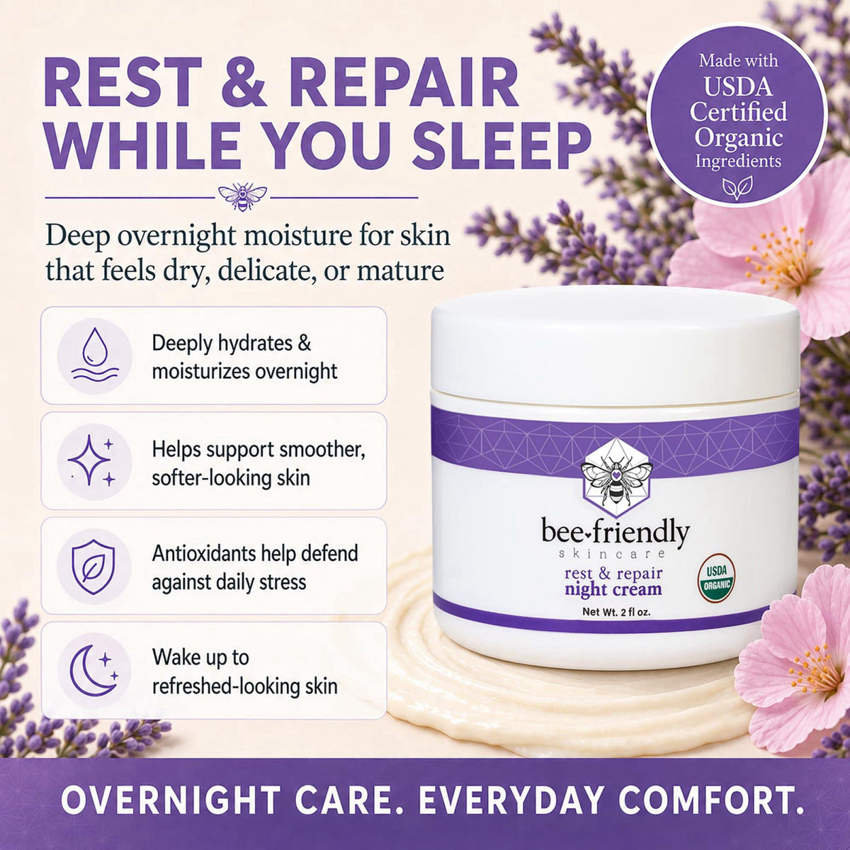 BeeFriendly® Organic Night Cream, USDA Certified, 2 oz – packaging and label