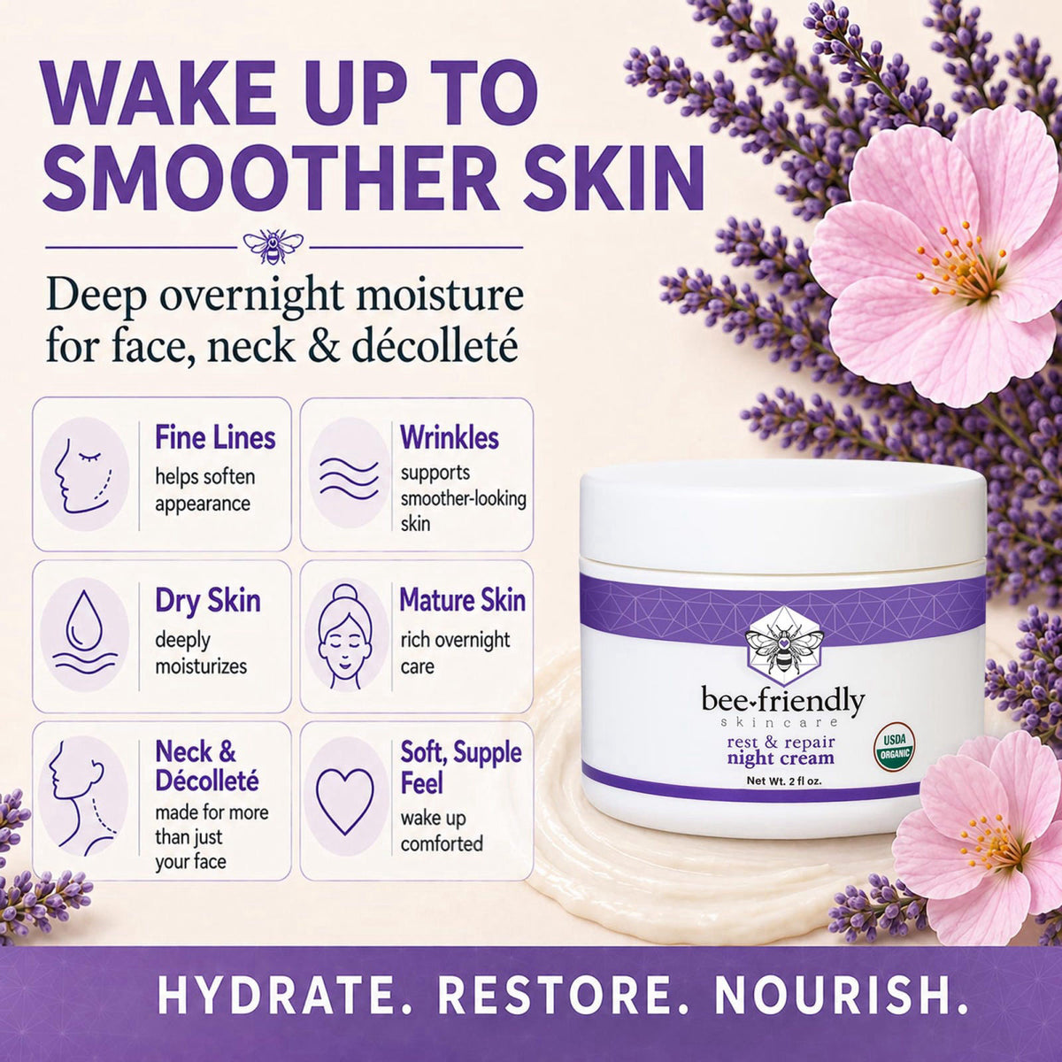 BeeFriendly® Organic Night Cream, USDA Certified, 2 oz – full view