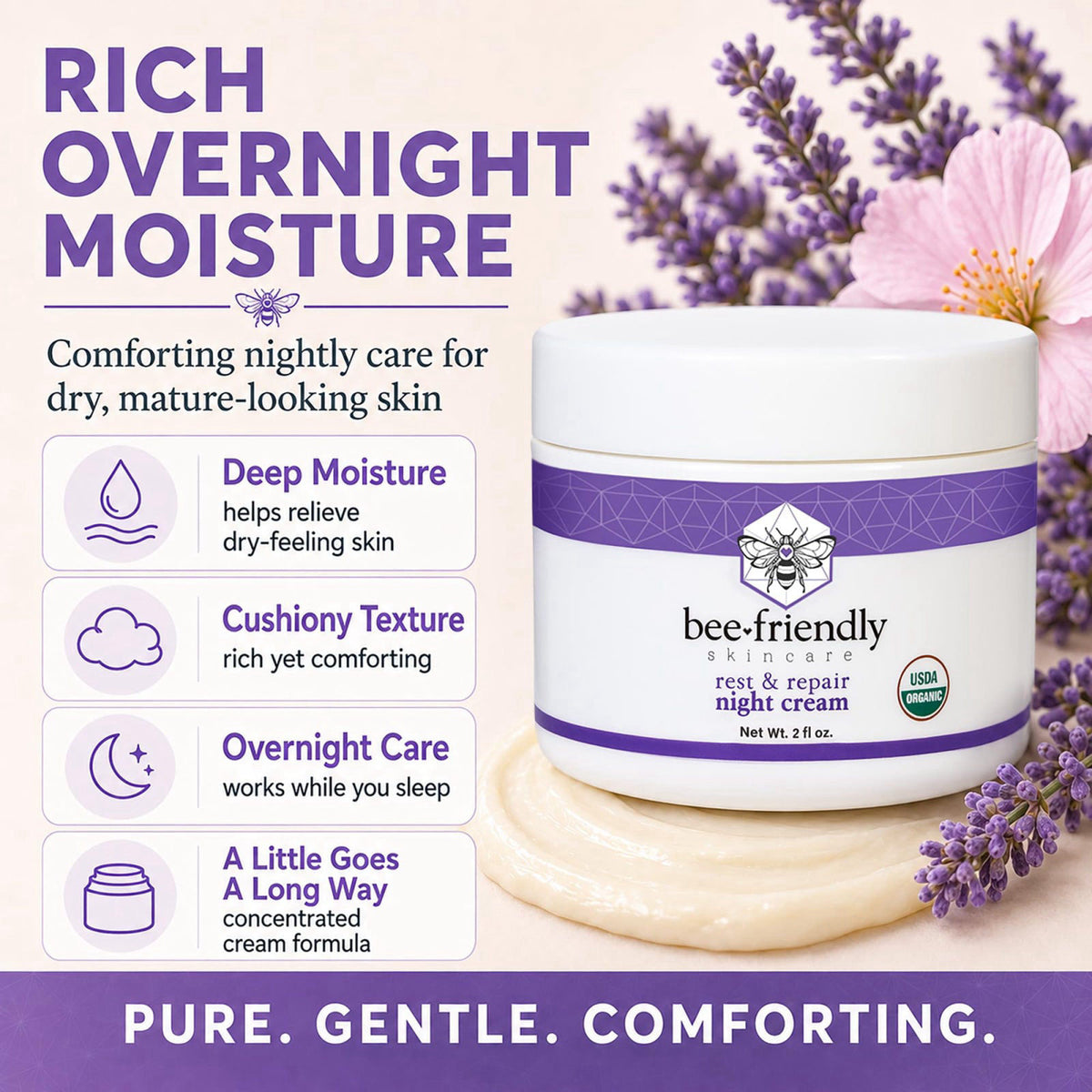 BeeFriendly® Organic Night Cream, USDA Certified, 2 oz – back view and specifications