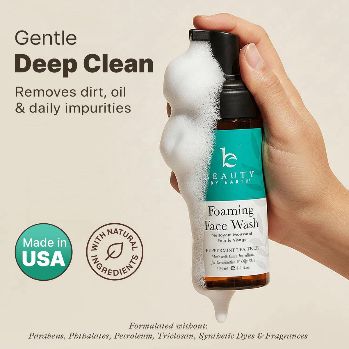 Beauty by Earth Foaming Face Wash Cleanser – USA Made with Natural & Organic Ingredients – packaging and label
