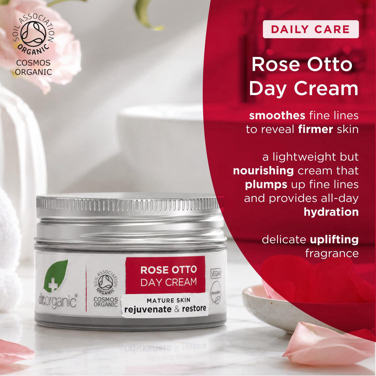Dr. Organic Rose Otto Day Cream | Hydrates and Rejuvenates, Supports Healthy-Aging, Natural, Certified Organic, Paraben 