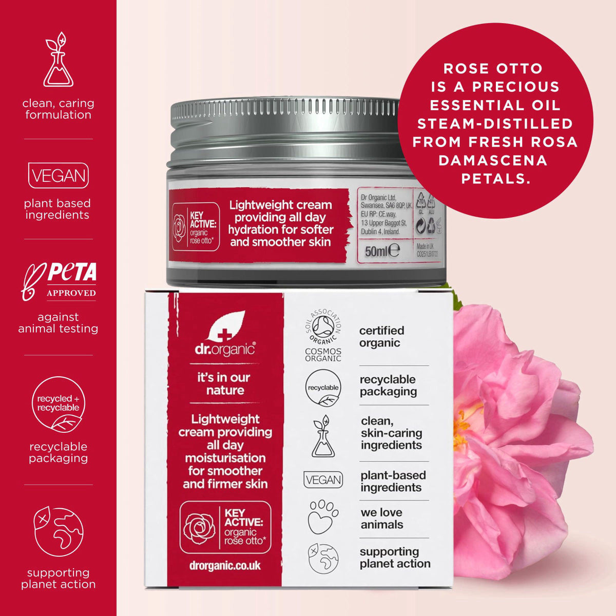 Dr. Organic Rose Otto Day Cream | Hydrates and Rejuvenates, Supports Healthy-Aging, Natural, Certified Organic, Paraben 