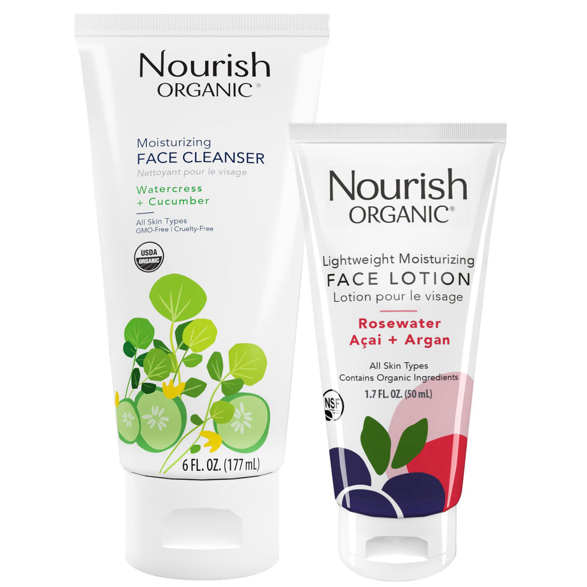 Nourish Organic Face Cleanser + Face Lotion Set – Lightweight, Moisturizing Formulas with Hydrating Aloe Vera and Replen