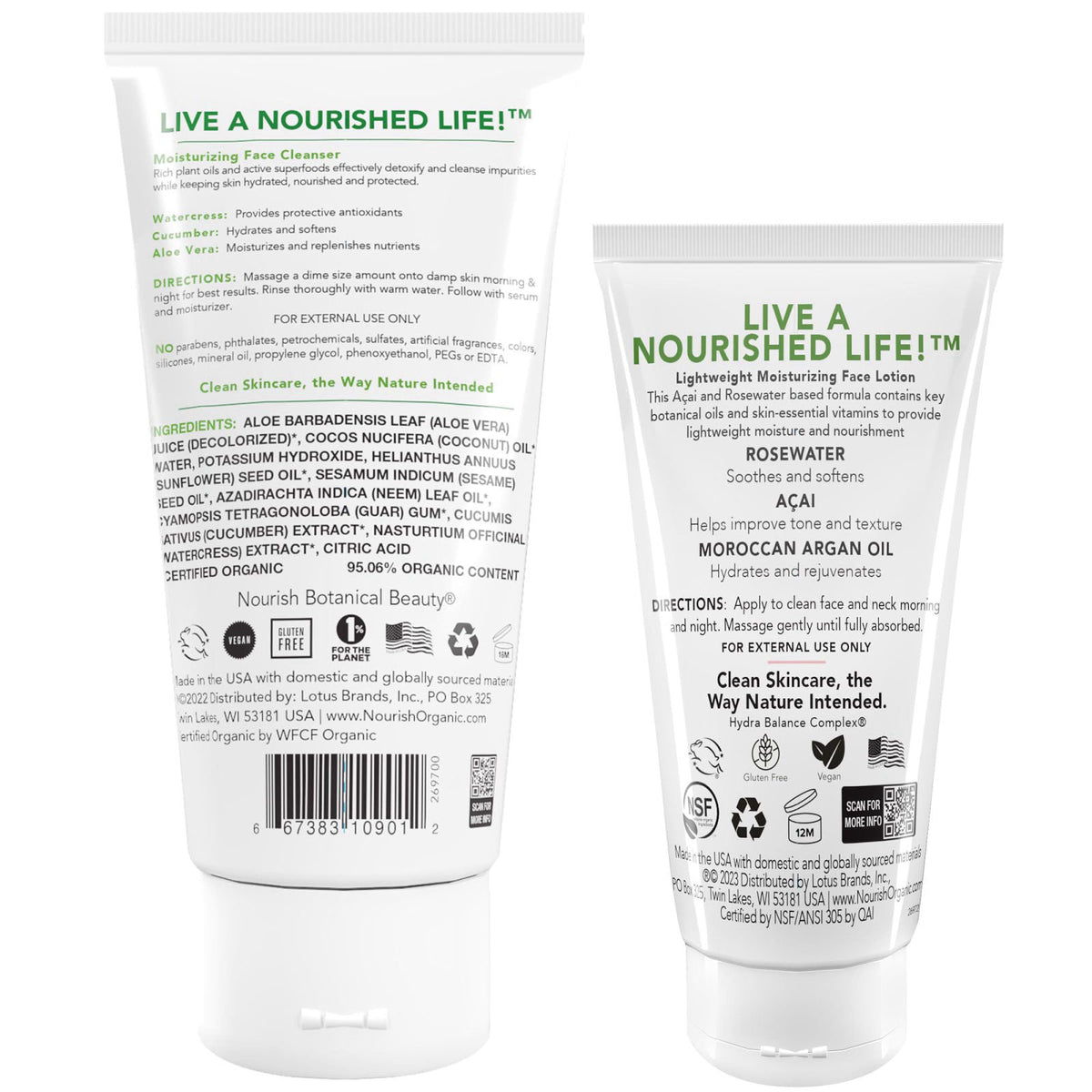 Nourish Organic Face Cleanser + Face Lotion Set – Lightweight, Moisturizing Formulas with Hydrating Aloe Vera and Replen