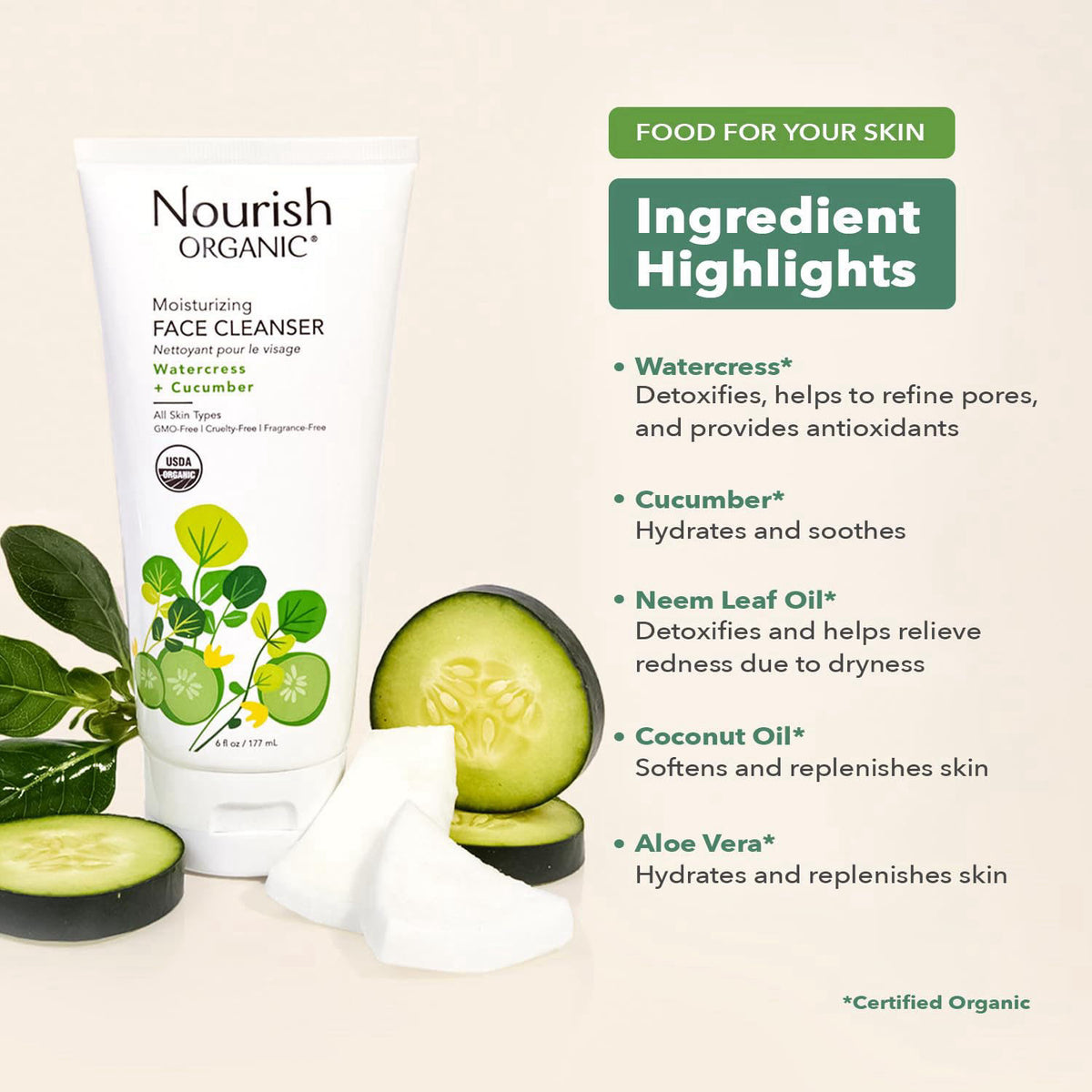 Nourish Organic Face Cleanser + Face Lotion Set – Lightweight, Moisturizing Formulas with Hydrating Aloe Vera and Replen