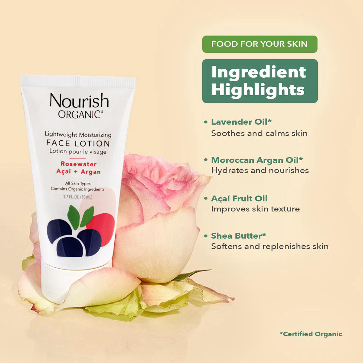 Nourish Organic Face Cleanser + Face Lotion Set – Lightweight, Moisturizing Formulas with Hydrating Aloe Vera and Replen