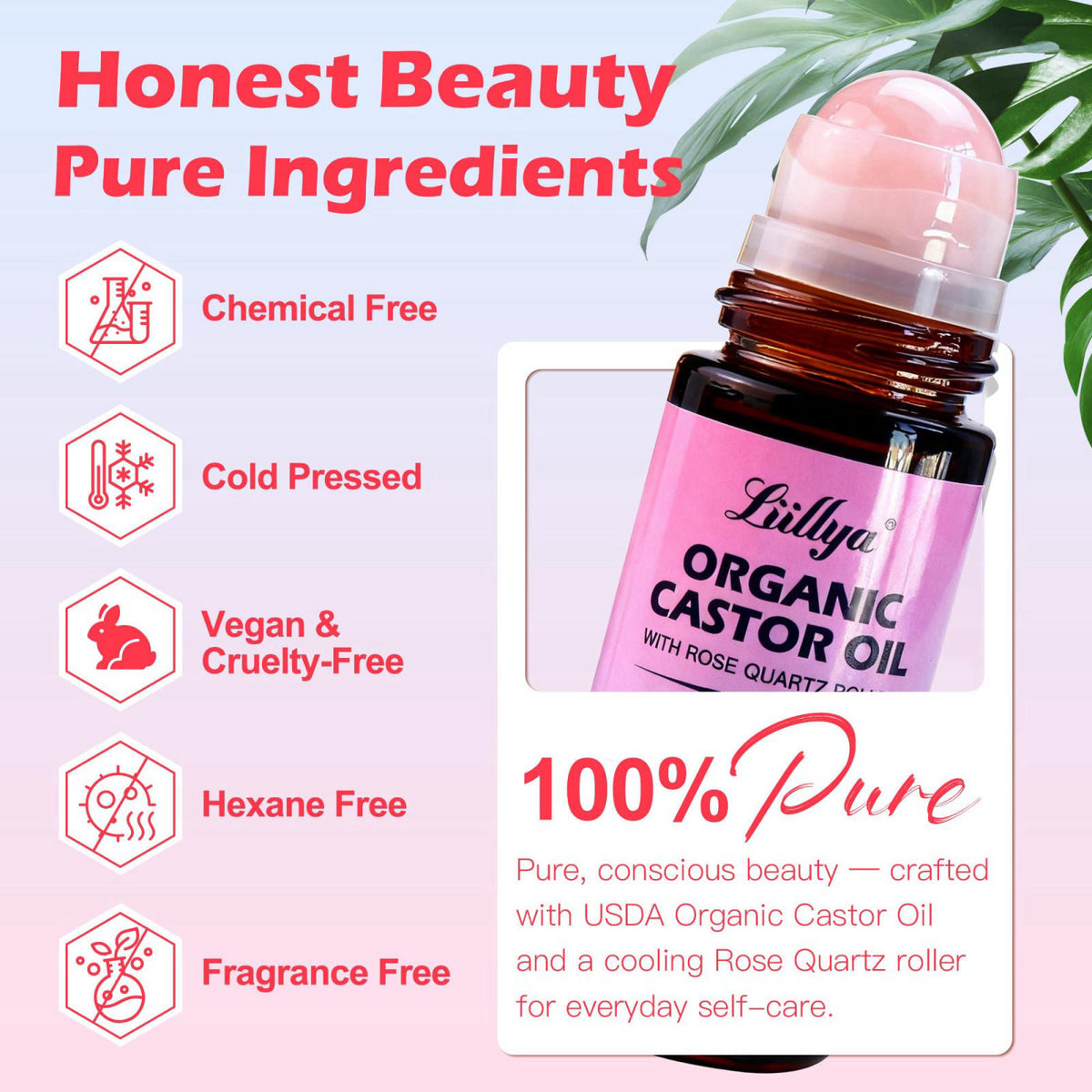 Liillya Organic Castor Oil Roll On with Rose Quartz, Cold Pressed, 1.7oz – close-up detail