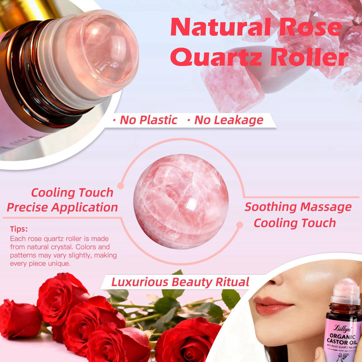 Liillya Organic Castor Oil Roll On with Rose Quartz, Cold Pressed, 1.7oz – packaging and label