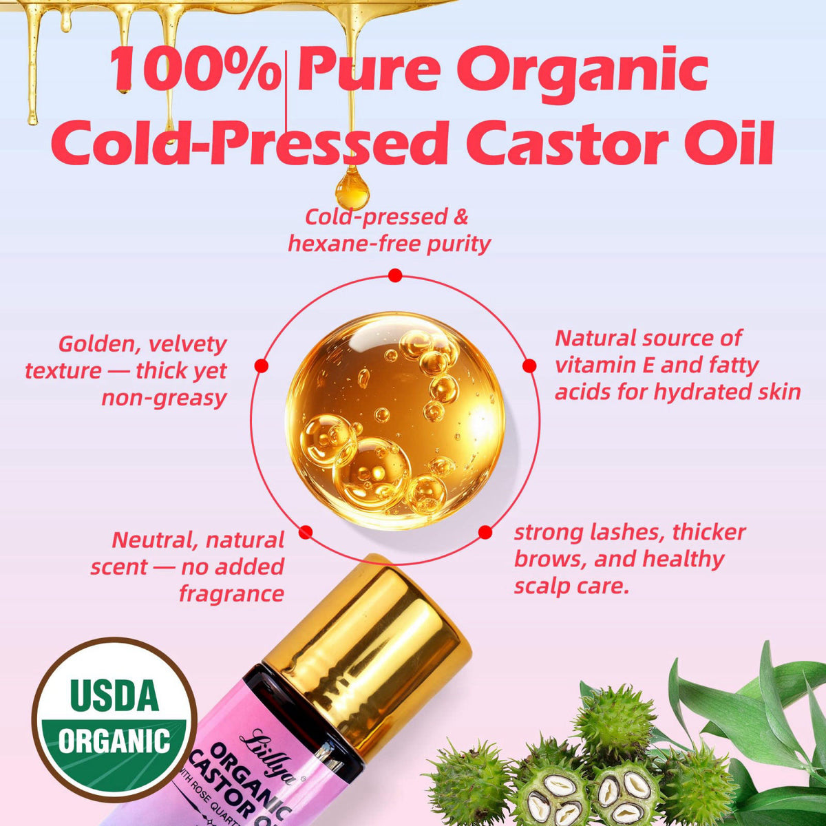 Liillya Organic Castor Oil Roll On with Rose Quartz, Cold Pressed, 1.7oz – full view