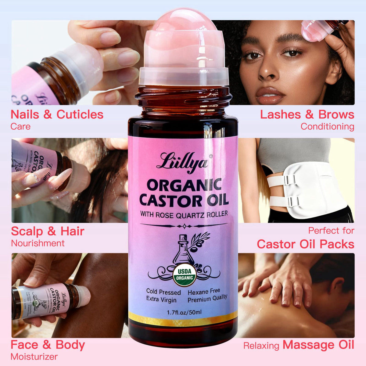 Liillya Organic Castor Oil Roll On with Rose Quartz, Cold Pressed, 1.7oz – back view and specifications