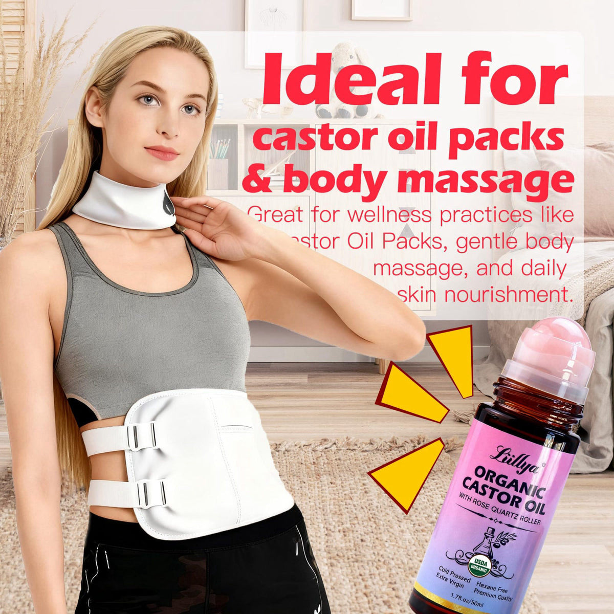 Liillya Organic Castor Oil Roll On with Rose Quartz, Cold Pressed, 1.7oz – alternate angle