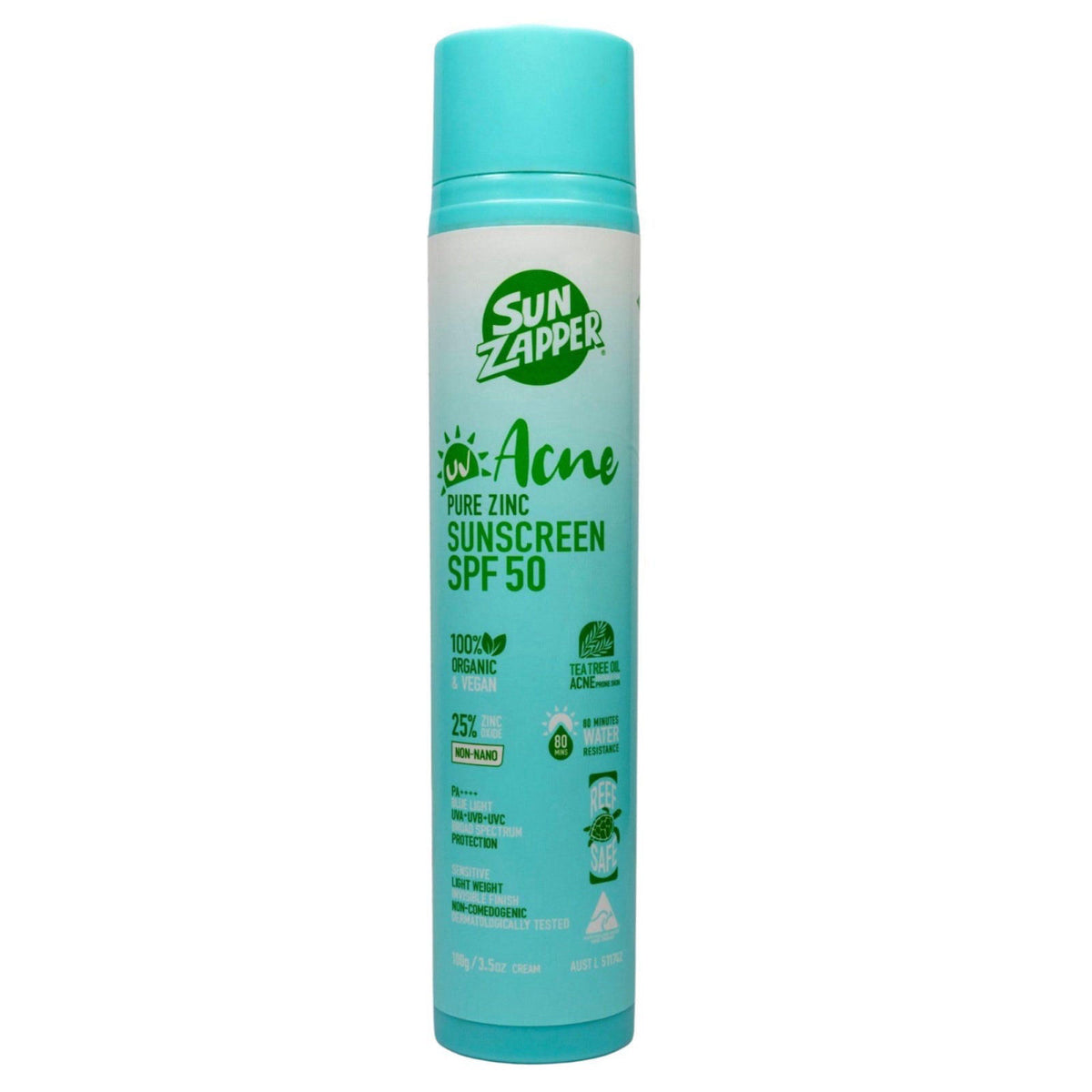 Sun Zapper Acne Pure Zinc Face Sunscreen SPF 50, Non-Comedogenic Organic Mineral Sunscreen with Tea Tree Oil for Acne-Pr