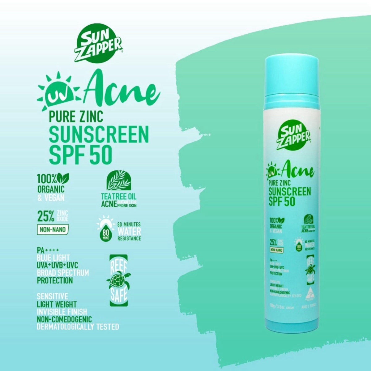 Sun Zapper Acne Pure Zinc Face Sunscreen SPF 50, Non-Comedogenic Organic Mineral Sunscreen with Tea Tree Oil for Acne-Pr
