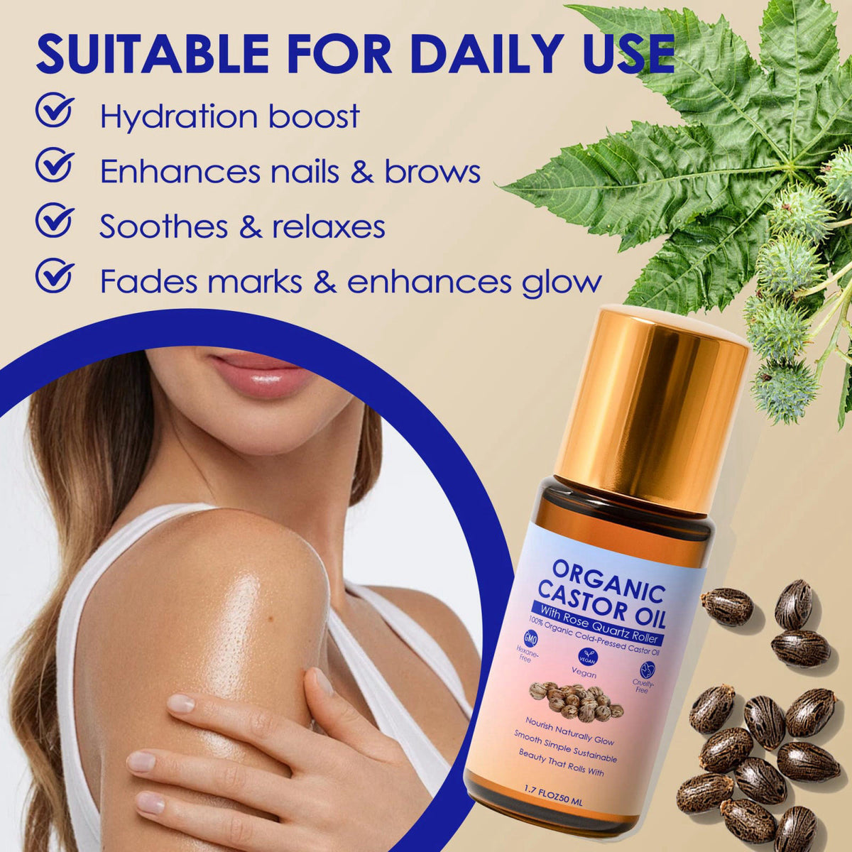 ipxkwll Castor Oil Organic Cold Pressed, Castor Oil Rose Quartz Roller Ball, 100% Pure Cold-Pressed & Unrefined - Rose Q