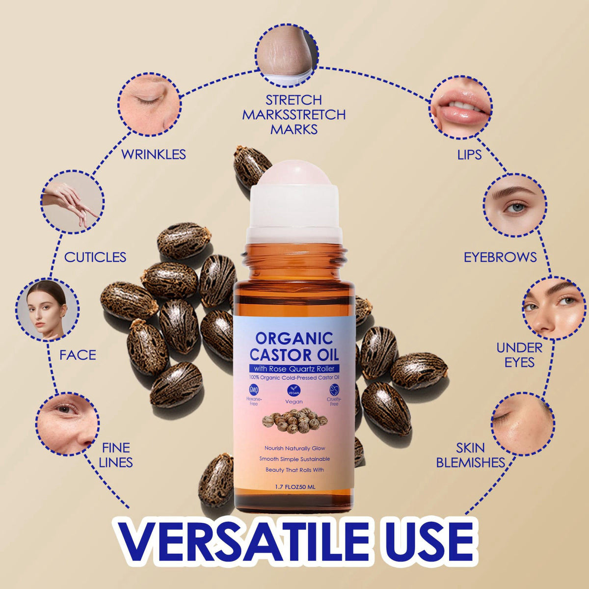 ipxkwll Castor Oil Organic Cold Pressed, Castor Oil Rose Quartz Roller Ball, 100% Pure Cold-Pressed & Unrefined - Rose Q