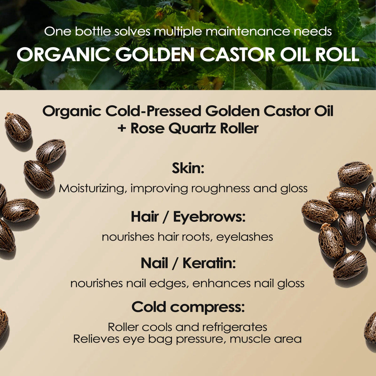 ipxkwll Castor Oil Organic Cold Pressed, Castor Oil Rose Quartz Roller Ball, 100% Pure Cold-Pressed & Unrefined - Rose Q