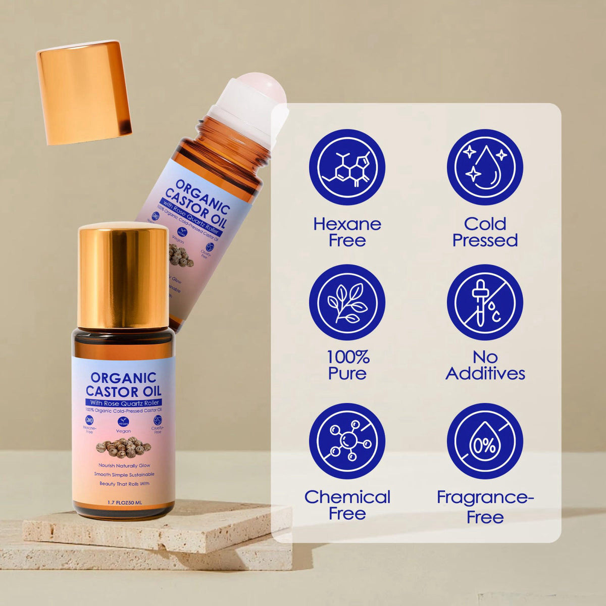 ipxkwll Castor Oil Organic Cold Pressed, Castor Oil Rose Quartz Roller Ball, 100% Pure Cold-Pressed & Unrefined - Rose Q