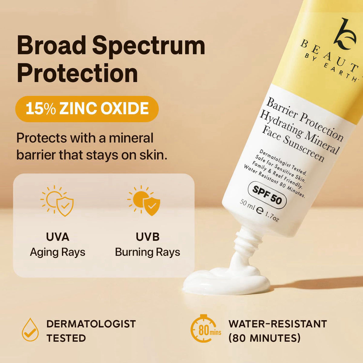 Beauty by Earth Mineral Face Sunscreen SPF 50 - Non-Nano Zinc Oxide, No Chemical Filters – packaging and label