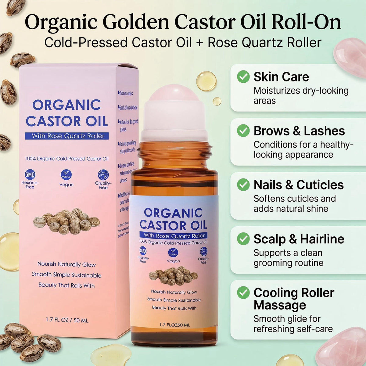 guluxly Organic Castor Oil Rose Quartz Roller Ball, Moisturizing Beauty Oil for Skin, Brows, Lashes, Cuticles, Hairline 