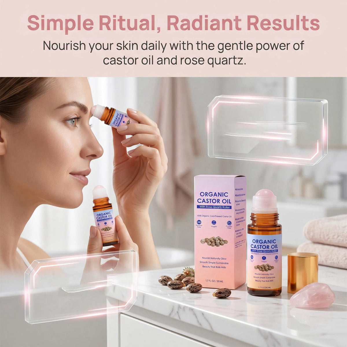 guluxly Organic Castor Oil Rose Quartz Roller Ball, Moisturizing Beauty Oil for Skin, Brows, Lashes, Cuticles, Hairline 