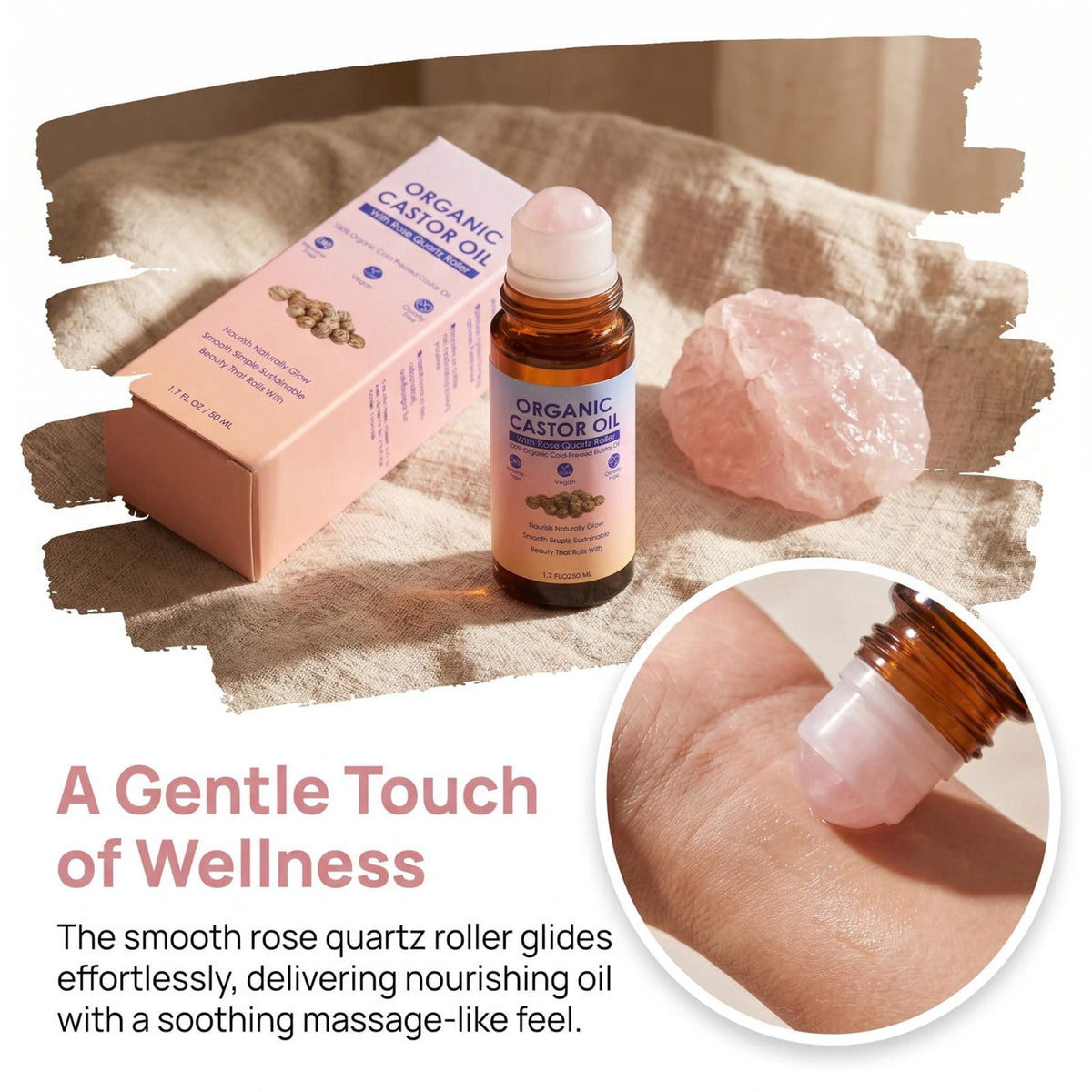 guluxly Organic Castor Oil Rose Quartz Roller Ball, Moisturizing Beauty Oil for Skin, Brows, Lashes, Cuticles, Hairline 