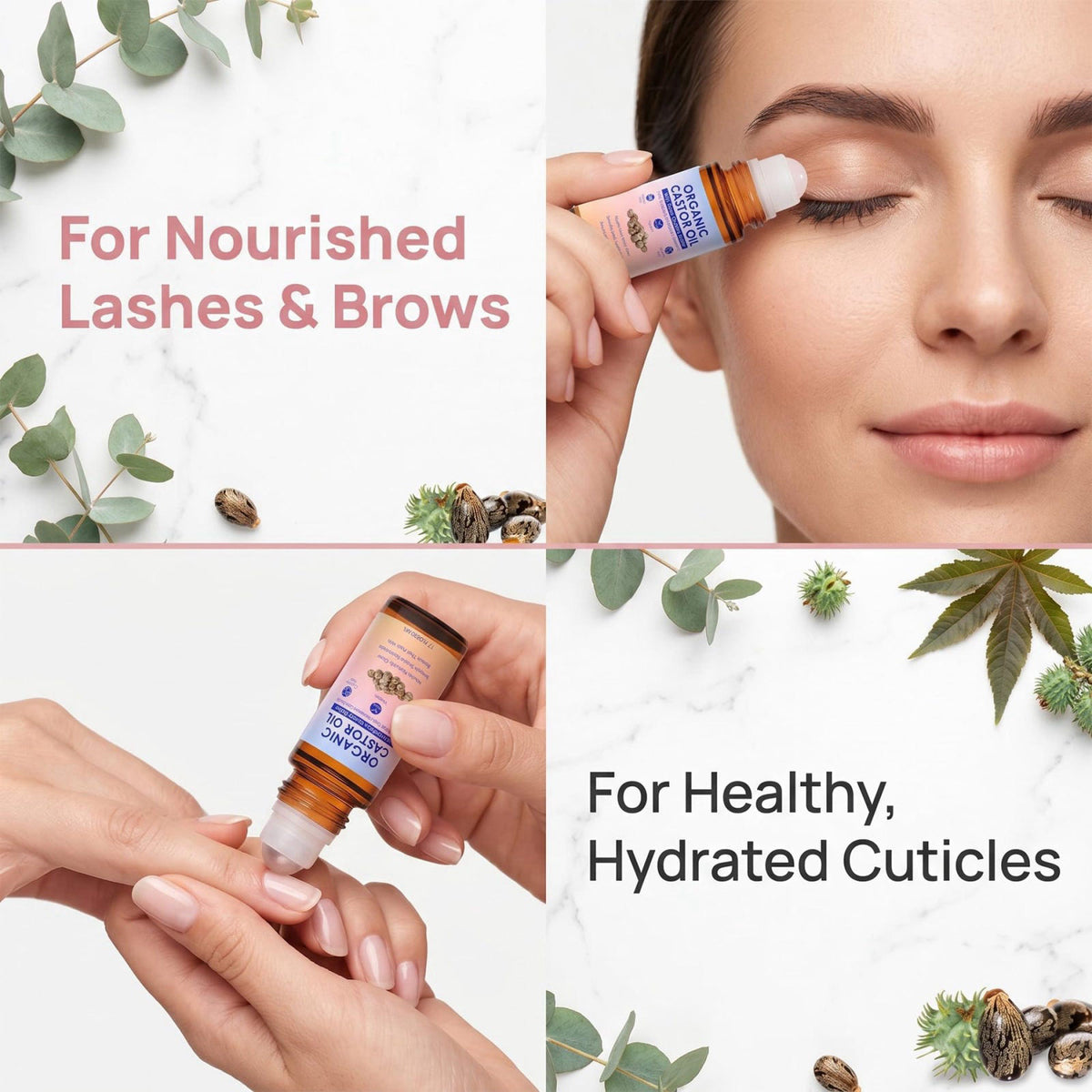 guluxly Organic Castor Oil Rose Quartz Roller Ball, Moisturizing Beauty Oil for Skin, Brows, Lashes, Cuticles, Hairline 