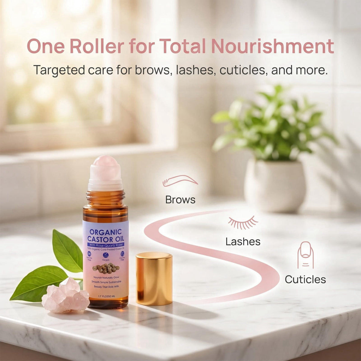 guluxly Organic Castor Oil Rose Quartz Roller Ball, Moisturizing Beauty Oil for Skin, Brows, Lashes, Cuticles, Hairline 