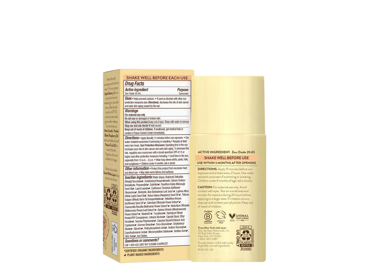 Babo Botanicals Daily Sheer Mineral Sunscreen Fluid SPF50 - Natural Origin Zinc Oxide - Passion Fruit Oil - Fragrance Fr