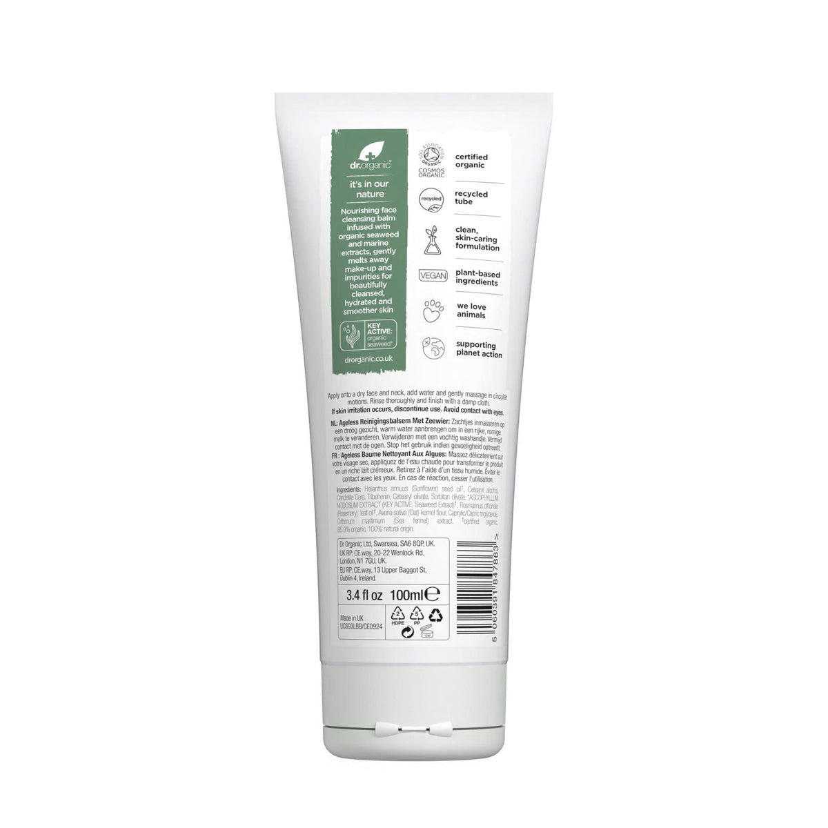 Dr. Organic Ageless Cleansing Balm with Seaweed | Moisturizing, Gentle, Removes Impurities, Certified Organic, Paraben &