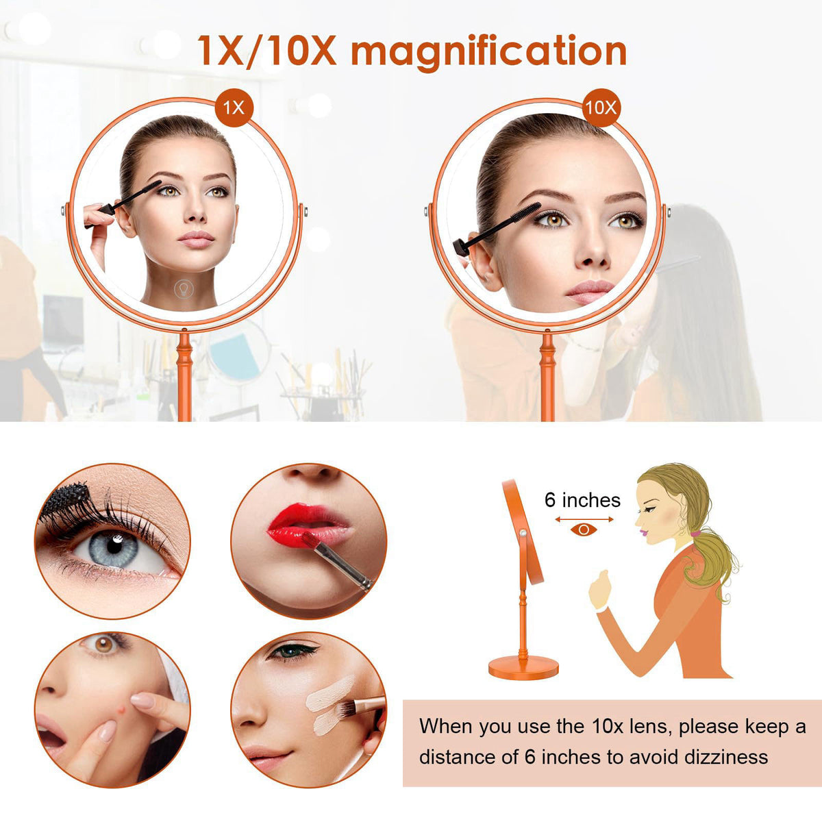 DEIOVWXS Makeup Mirror, Rechargeable Vanity Mirror with 3 Lights, 1X/10X – alternate angle