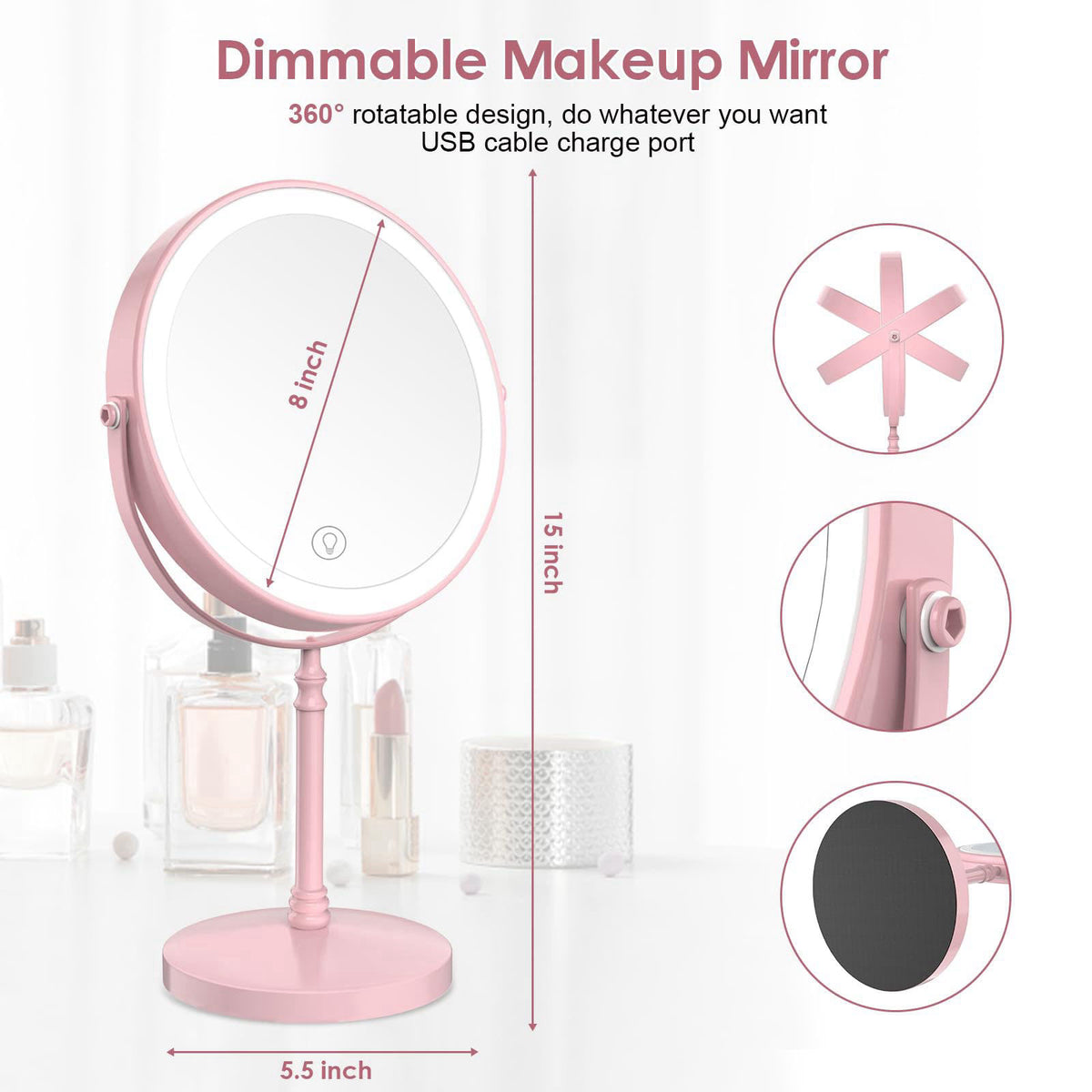 DEIOVWXS Makeup Mirror, Rechargeable Vanity Mirror with 3 Lights, 1X/10X – full view