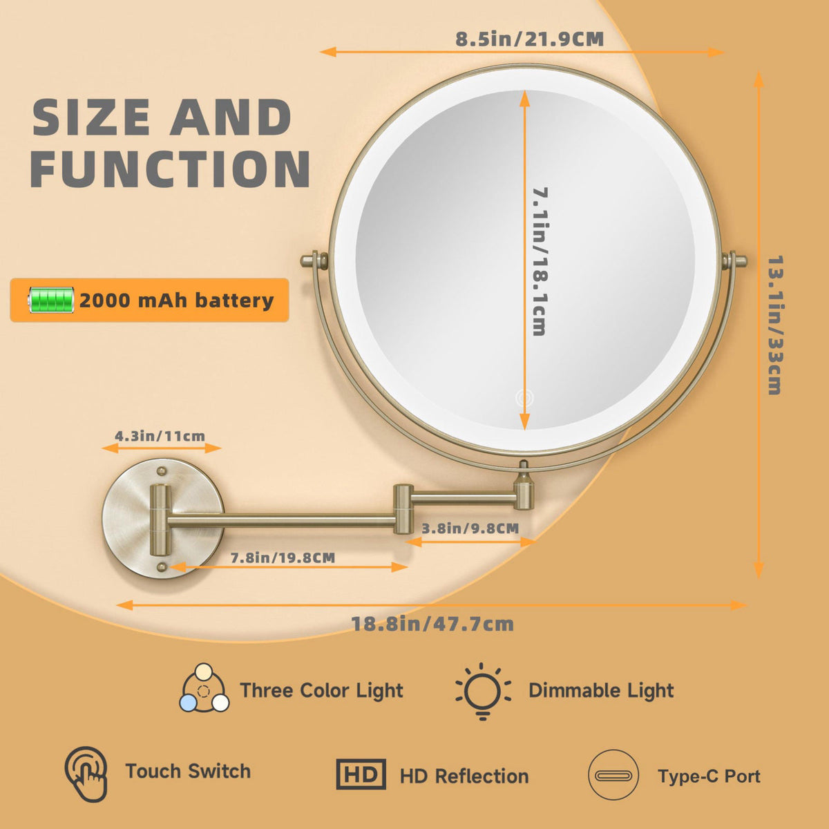 Batuso 8.5" Wall Mounted Makeup Mirror with Light, 2000mAh Rechargeable Double Sided 1X / 10X Magnifying Vanity Mirr