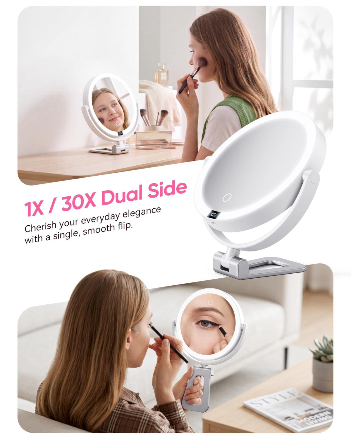 eeuuty Travel Makeup Mirror with Lights - 1X/30X Magnifying Double Sided Mirror – back view and specifications