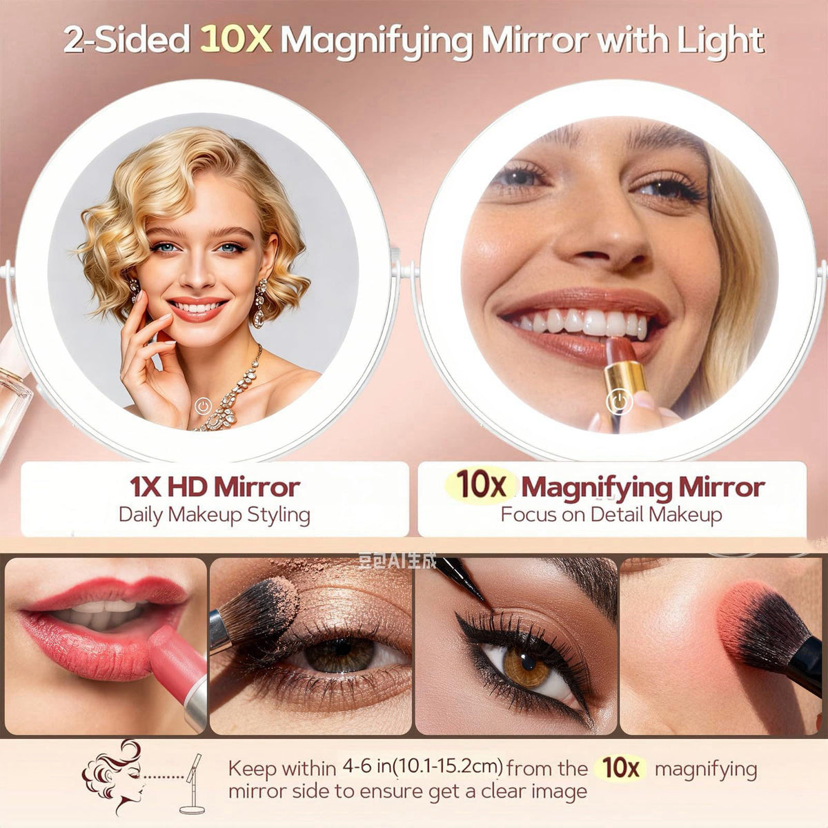 DEXHOM 9" Magnifying Vanity Mirror with Light, 10X/1X Makeup Mirror – packaging and label