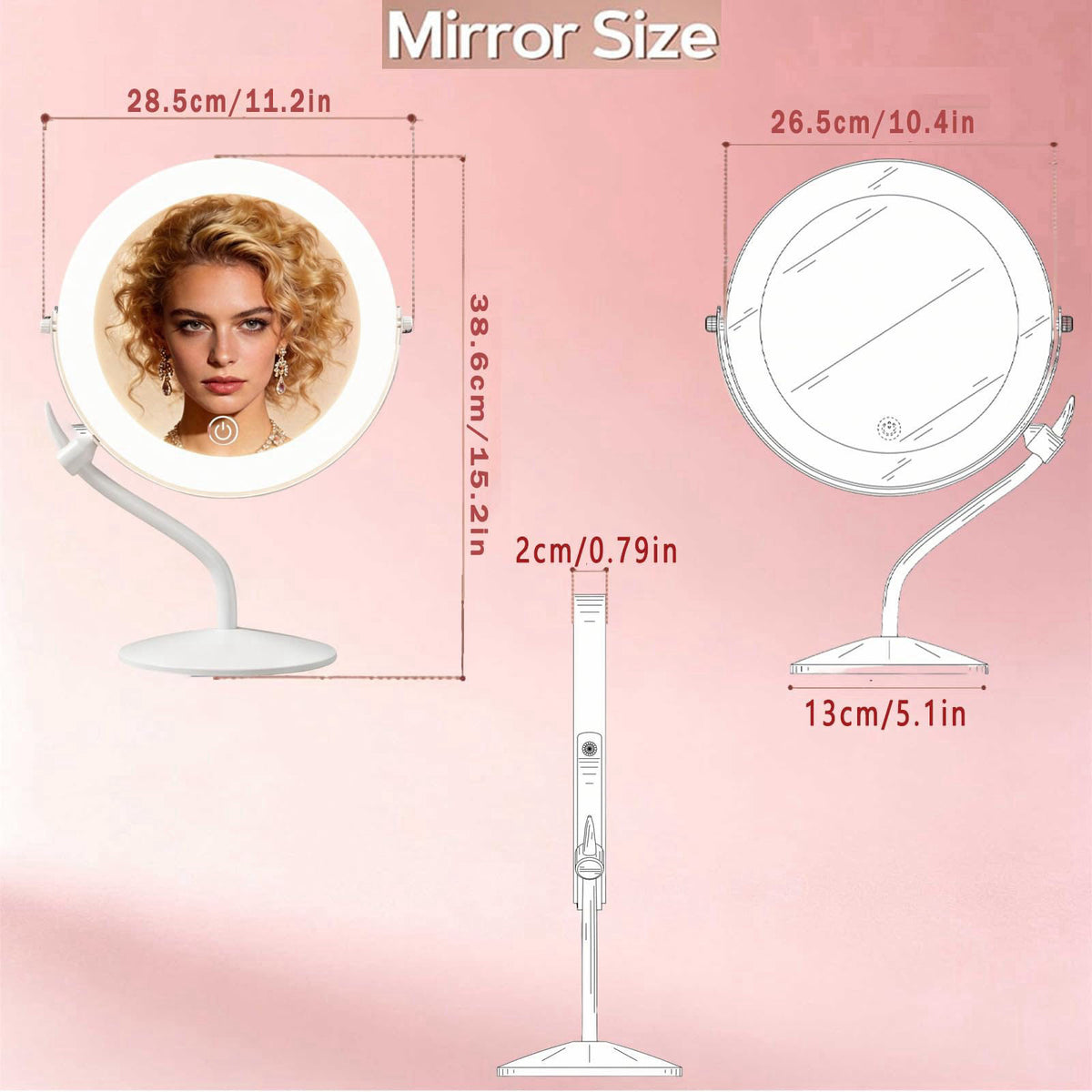 DEXHOM 11.8" Makeup Mirror, Rechargeable Vanity Mirror with 3 Lights, 1X/10X – close-up detail