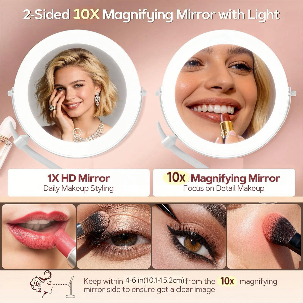 DEXHOM 11.8" Makeup Mirror, Rechargeable Vanity Mirror with 3 Lights, 1X/10X – packaging and label