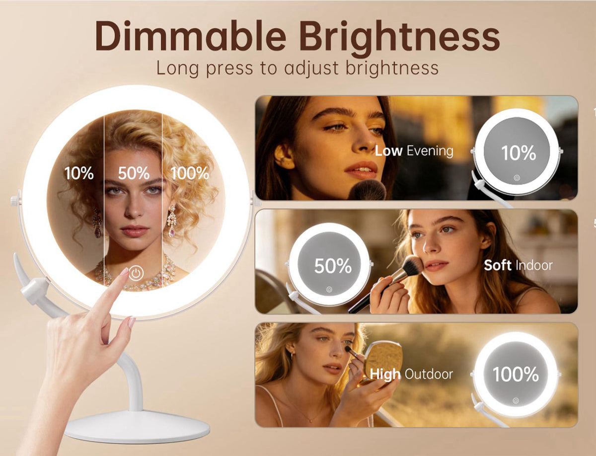DEXHOM 11.8" Makeup Mirror, Rechargeable Vanity Mirror with 3 Lights, 1X/10X – full view
