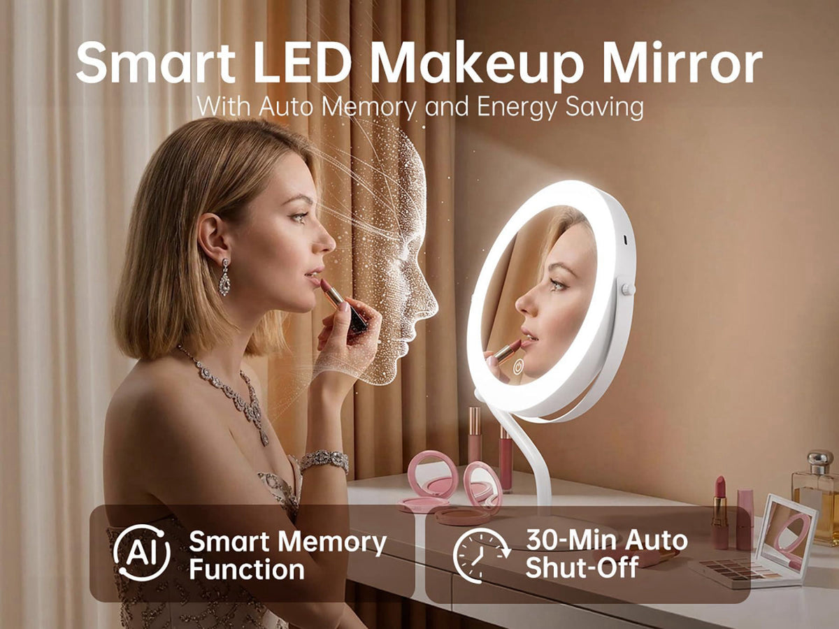 DEXHOM 11.8" Makeup Mirror, Rechargeable Vanity Mirror with 3 Lights, 1X/10X – alternate angle