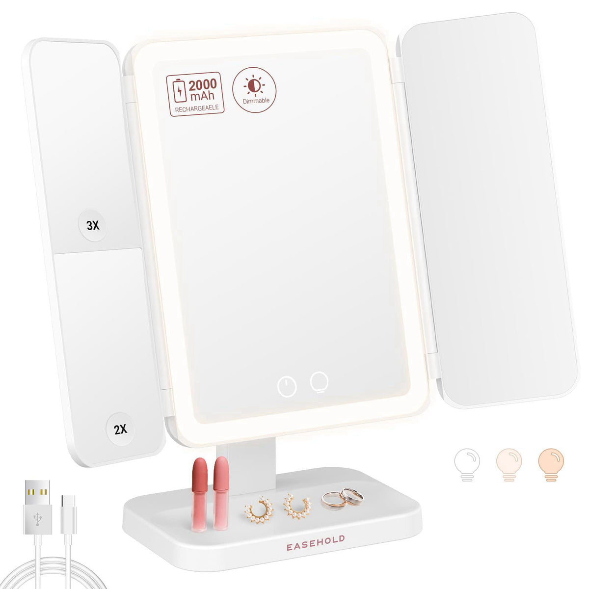 EASEHOLD 2000mAh Rechargeable Lighted Makeup Vanity Mirror, Foldable 64 LED – product photo (Makeup Mirrors)