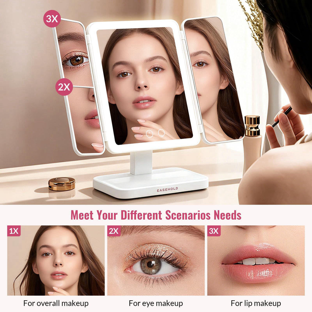 EASEHOLD 2000mAh Rechargeable Lighted Makeup Vanity Mirror, Foldable 64 LED – full view